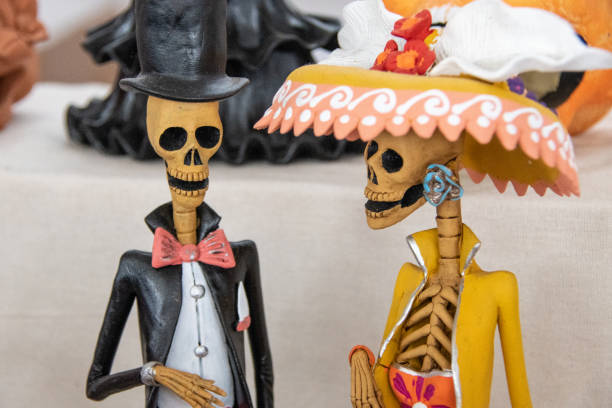 Mexico, Day of the Dead Catrina dolls- La Calavera Catrina, Michoacan stock photo
