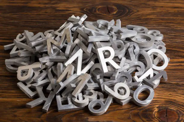 pile of silver metal alphabet characters cutted by waterjet machine - close-up view with selective focus on brown wood background