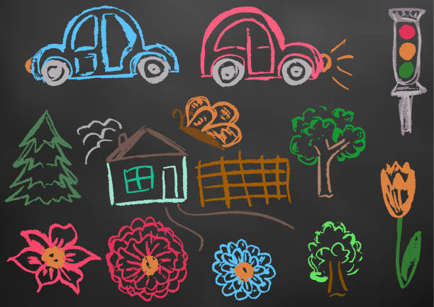 Child drawing. Design elements of packaging, postcards, wraps, covers Children's drawing color chalk on a blackboard. Design elements of packaging, postcards, wraps, covers. Sweet children's creativity. Cars, traffic light, tree, tree, butterfly, house, fence, flowers, tulip radish art drawing stock illustrations