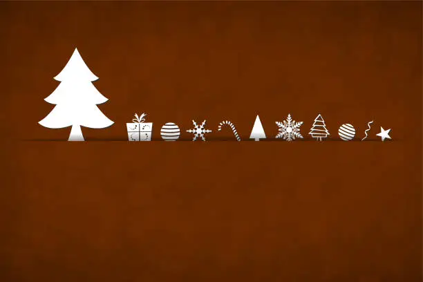 Vector illustration of A horizontal vector illustration of a creative dark chocolate brown color xmas background with a slit or cut in the middle and white colored Christmas tree and ornaments arranged over it