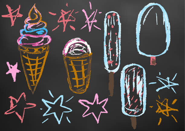 Child drawing. Design elements of packaging, postcards, wraps, covers Children's drawing color chalk on a blackboard. Design elements of packaging, postcards, wraps, covers. Sweet children's creativity. Ice cream, sweets, summer, stars radish art drawing stock illustrations