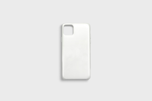 Blank white phone case mock up, isolated on gray background, 3d rendering. Emtpy pro plastic covering for gadget mockup, top view. Clear accessory jacket for protective mokcup template.