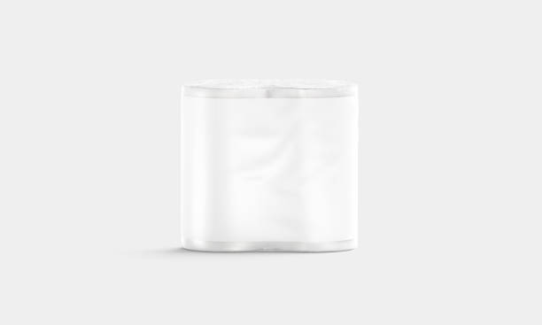 Blank white paper towel pack with label mockup, front view Blank white paper towel pack with label mockup, front view, 3d rendering. Empty hygienic toilet roll mock up on gray background. Clear transparent wrapper for wc towels mokcup template. papery stock pictures, royalty-free photos & images