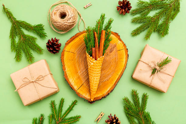 istock Christmas organic decoration on green background. Christmas zero waste 1185415076