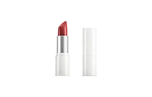 Blank white opened and closed tube with red lipstick mockup, 3d rendering. Empty classic elegance hue mock up, front view. Clear matte gules balm for female make-up mokcup template.