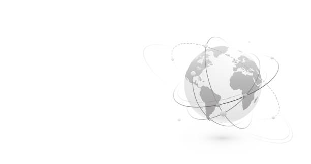 Global network world concept vector banner background with copy space at left side. Technology globe with continents map and connection lines, dots and point. Digital data planet design in flat style Global network world concept vector banner background with copy space at left side. Technology globe with continents map and connection lines, dots and point. Digital data planet design in flat style. global communications white stock illustrations