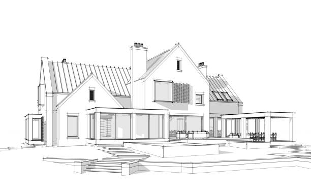 istock 3d rendering of modern clinker house on the ponds with pool black line on white background 1185418148