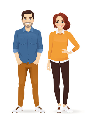 Business team. Casual business man and woman standing isolated vector illustration