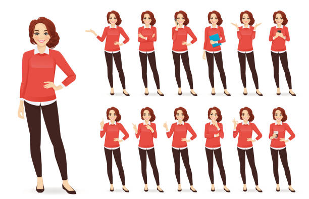 Casual business woman character set Casual business woman character in different poses set with red hair vector illustration human finger illustrations stock illustrations