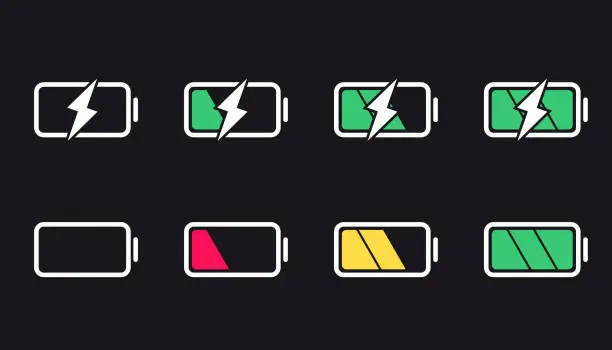 Vector illustration of Battery icons. Charge level, UI design elements of battery. Full low and empty battery status. Set of smartphone battery charge level indicators.