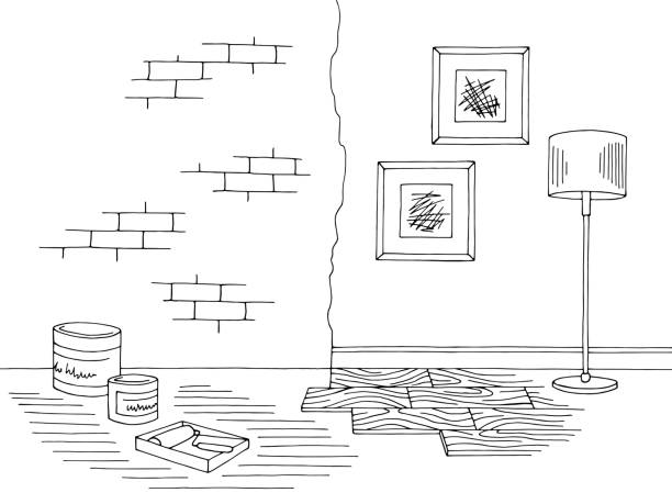 리노베이션 룸 홈 인테리어 그래픽 블랙 화이트 스케치 일러스트 벡터 - repairing apartment home improvement painting stock illustrations