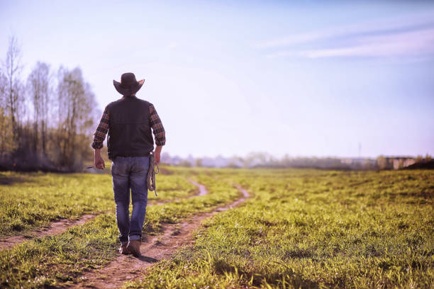 istock Cowboy standing in a field at sunset 1185420001