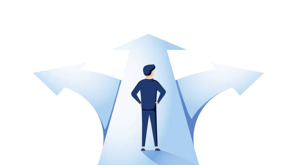 istock Businessman standing on a crossroad and choosing direction. Business concept. Modern vector illustration. Direction 1185420661