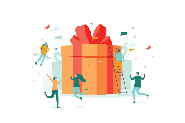 online reward , Group of happy people receive a gift box vector illustration concept, digital referral program online reward , Group of happy people receive a gift box vector illustration concept, digital referral program. Can use for landing page, template, ui, web homepage, poster or banner, flyer, coupon office christmas party stock illustrations