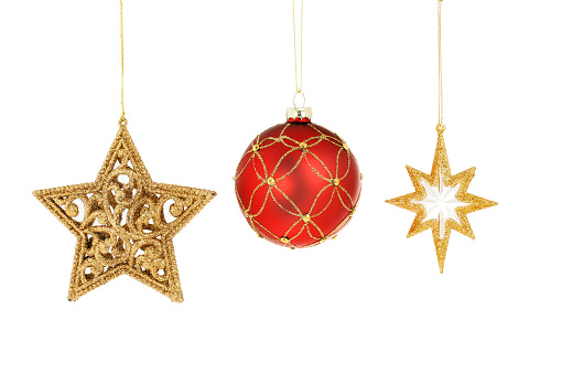 Red and gold glitter Christmas bauble with gold stars isolated against white