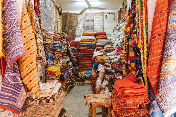 istock Varied colours carpets in a bazaar market in Morocco. 1185422901