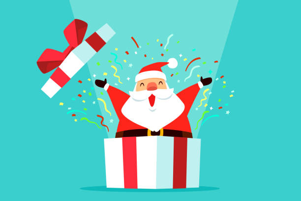 illustrazioni stock, clip art, cartoni animati e icone di tendenza di babbo natale uscire dalla confezione regalo con coriandoli - come