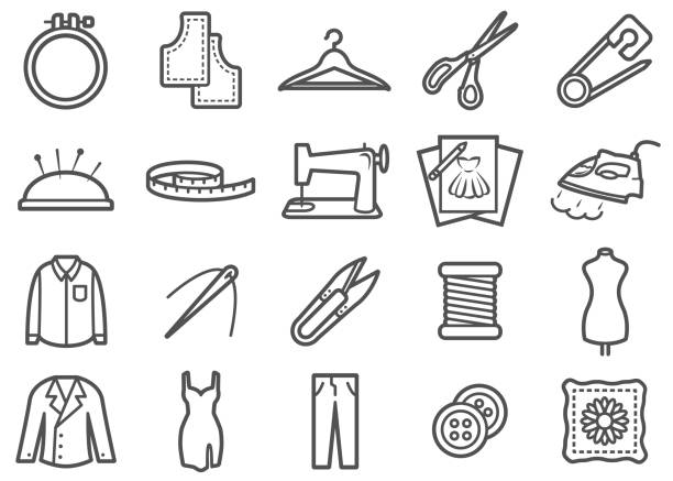 nähen und maßgeschneiderte linie icons set - tailor fashion designer sewing fashion stock-grafiken, -clipart, -cartoons und -symbole