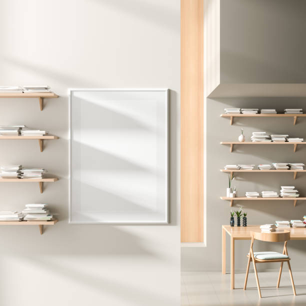 istock Mock up poster frame in modern style interior with wooden work desk. Minimalist workplace design. 3D illustration. 1185424536