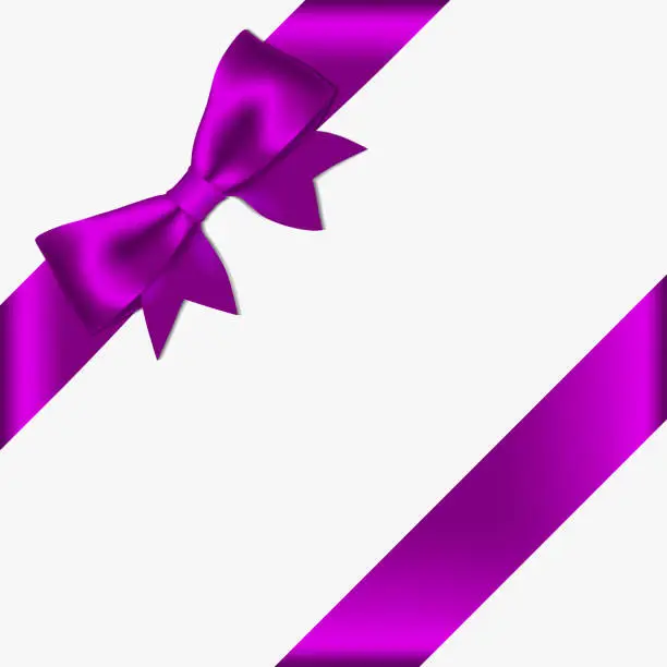 Vector illustration of Realistic decorative shiny satin purple ribbon bow and ribbon, isolated on white background.