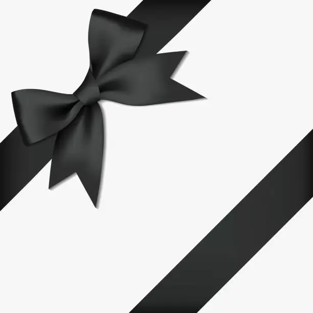 Vector illustration of Realistic decorative shiny satin black ribbon bow and ribbon, isolated on white background