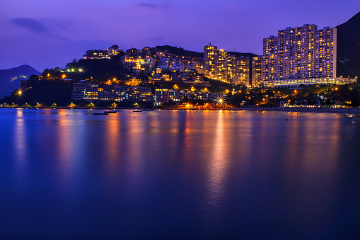 A night shot of Hong Kong Repulse Bay taken in 2019 with a great seaview and yellowish lighting
