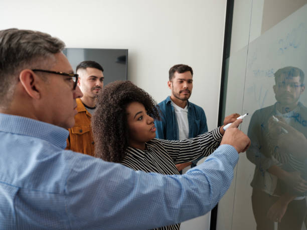 istock Latin make manager and team writing on whiteboard 1185430941