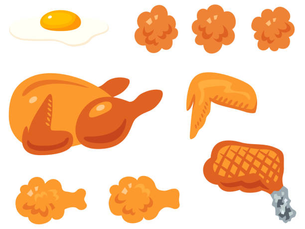 ilustraciones, imágenes clip art, dibujos animados e iconos de stock de conjunto de ilustraciones de varios platos de pollo (sin dibujo de línea) - roast chicken illustrations