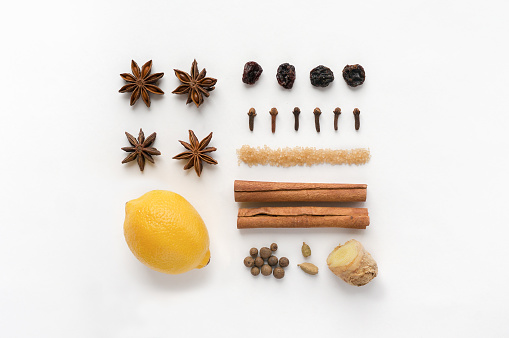 Traditional winter warm drink. Top view. Flat lay.