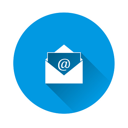 Mail vector icon on flat design. E-mail vector on blue background. Flat image with long shadow. Layers grouped for easy editing illustration. For your design.