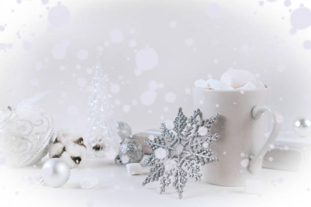 istock 1 Cup hot chocolate with marshmallow, snowflake, silver balls, transparent herringbone, snow flakes 1185435983