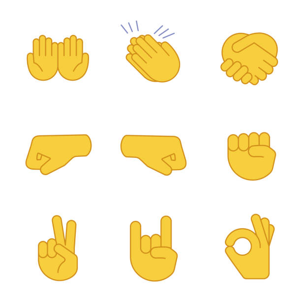 Hand gesture emojis color icons set Hand gesture emojis color icons set. Begging, applause, handshake, left and right fists, peace, rock on, OK gesturing. Shaking, cupped, clapping hands. Isolated vector illustrations pleading emoji stock illustrations