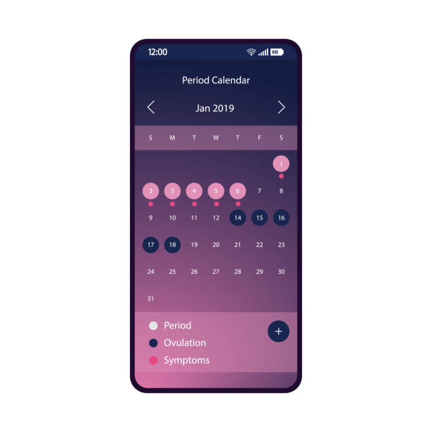 periodkalender smartphone schnittstelle vektorvorlage - menstruation stock-grafiken, -clipart, -cartoons und -symbole