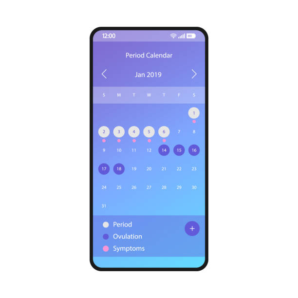 Period calendar smartphone interface vector template Period calendar smartphone interface vector template. Womanâs mobile utility app blue design layout. Menstrual cycle,ovulation tracker flat gradient UI. Menstruation reminder phone application Notifier stock illustrations