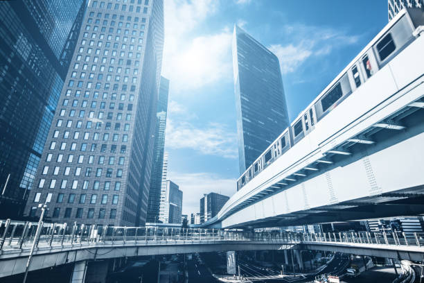 Shiodome Skyscrapers in Tokyo Japan, Shinjuku Ward, Shiodome, Tokyo - Japan, Architecture low angle street japan stock pictures, royalty-free photos & images