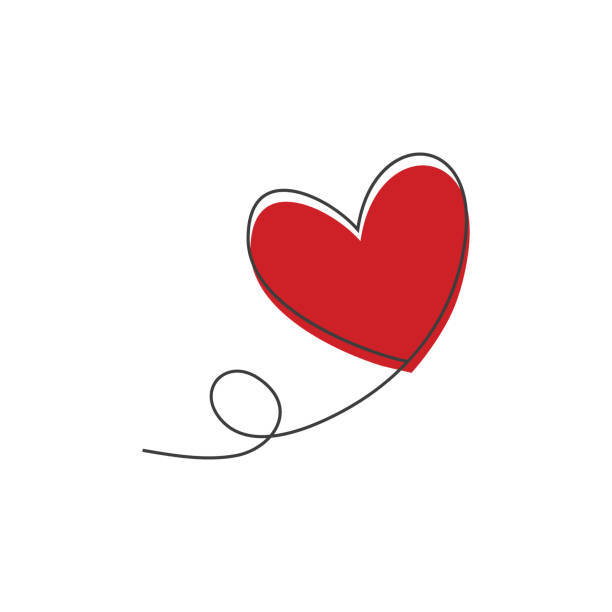Heart shaped balloon in continuous drawing lines and glitch red heart in a flat style in continuous drawing lines. Continuous black line. The work of flat design. Symbol of love and tenderness vector art illustration