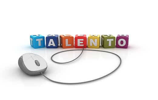 TALENTO Buzzword Cubes with Computer Mouse - Spanish Word - White Background - 3D Rendering