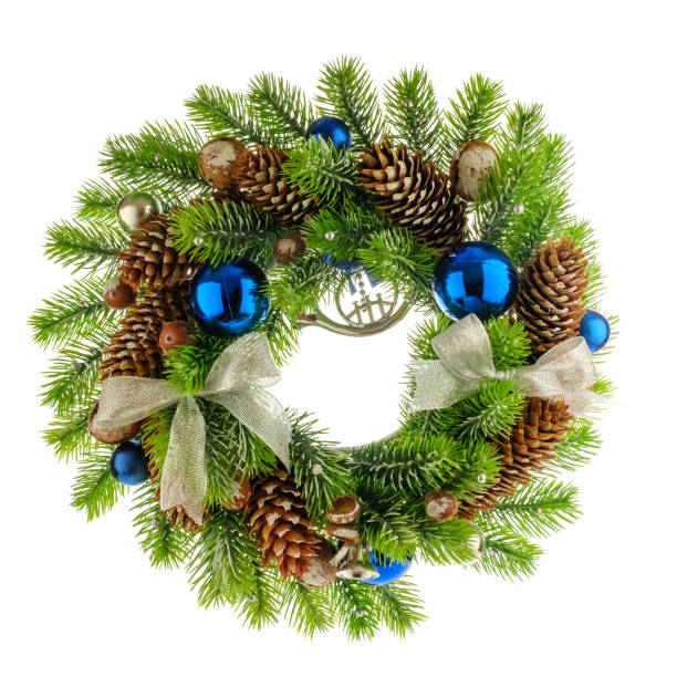 istock Christmas composition with Wreath made of christmas tree branches, acorns, walnuts and pine cones with blue bubbles 1185440243