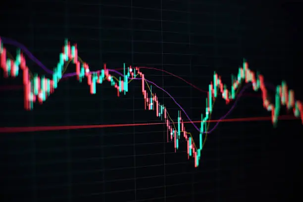 Photo of Investment, trade, stock, finance and analysis concept. Business chart with uptrend line graph, bar chart and stock market on blue color background