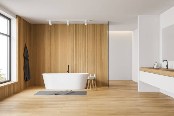 istock White and wooden bathroom interior 1185442558