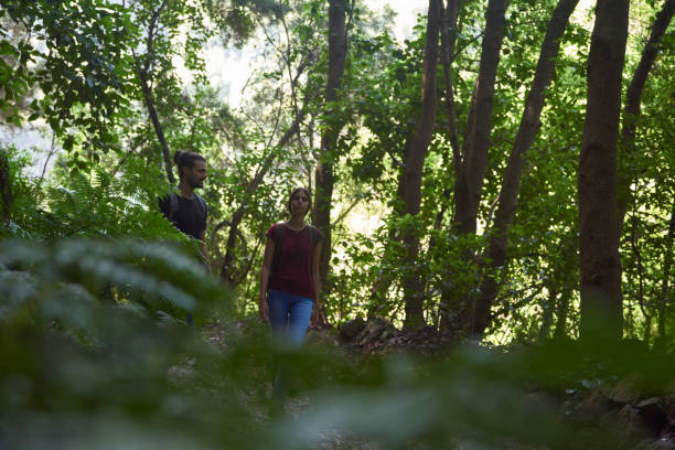 istock Man and woman walking between tall trees 1185444235
