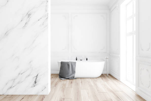 istock Luxury white marble bathroom interior with tub 1185444626