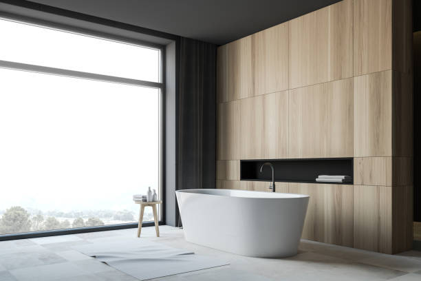 istock White tile floor panoramic bathroom corner, tub 1185445426