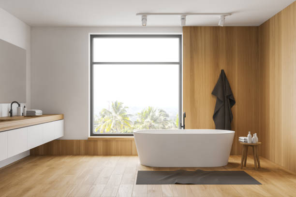 istock Stylish white and wood bathroom interior 1185445459