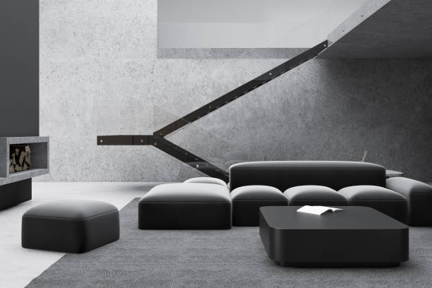 istock Loft living room interior, fireplace and stairs 1185445476