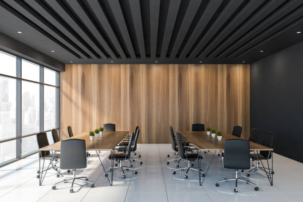 istock Black and wooden meeting room interior 1185445761