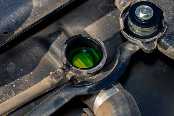 Cooling system radiator with cap removed showing green antifreeze coolant level inside. Concept of automotive and lawn equipment maintenance and repair stock photo