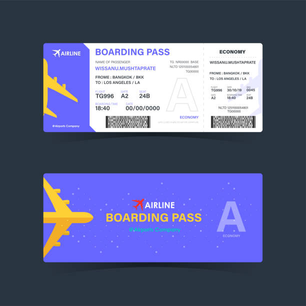 Boarding pass ticket with purple design. modern element template. vector illustration Boarding pass ticket with purple design. modern element template. vector illustration airplane ticket stock illustrations