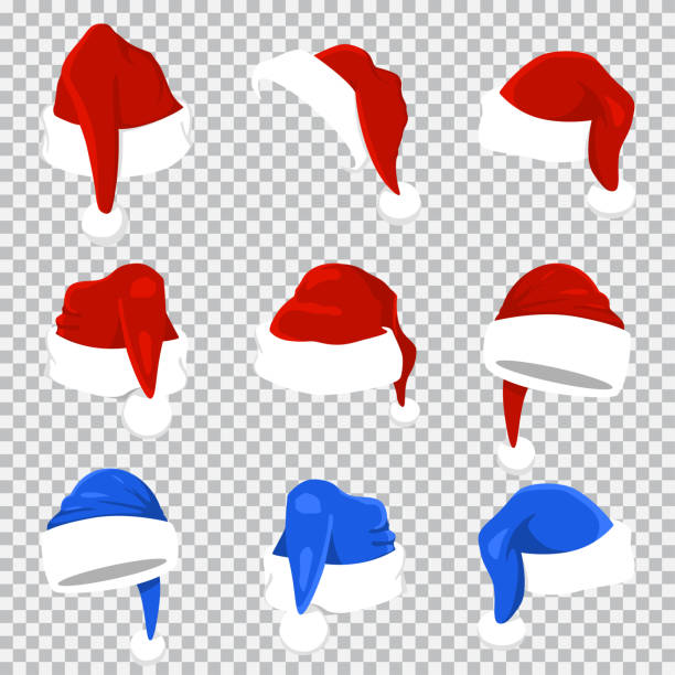 illustrazioni stock, clip art, cartoni animati e icone di tendenza di set rosso e blu del cappello di babbo natale. icone natalizie dei cartoni animati vettoriali isolate su uno sfondo trasparente. - knit hat