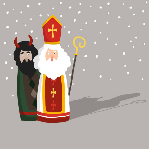 illustrazioni stock, clip art, cartoni animati e icone di tendenza di carino disegnata a mano san nicola con biglietto d'auguri del diavolo, invito. sfondo della stagione invernale con neve che cade. design piatto, illustrazione vettoriale. tradizione europea. - nicolaus